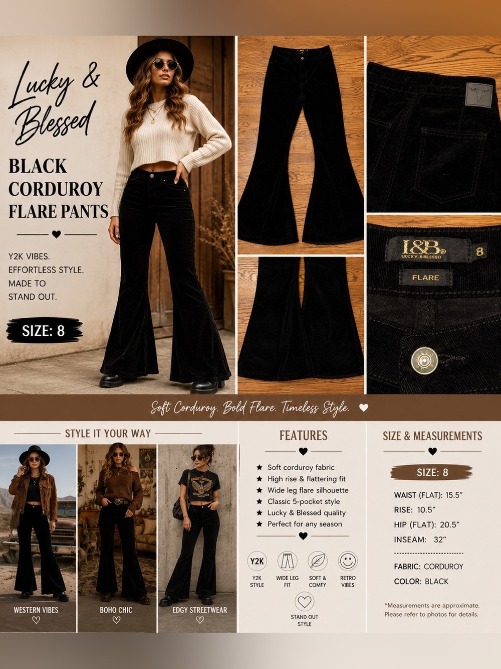 Lucky & Blessed Black Corduroy Flare Pants Size 8 Y2K Wide Leg